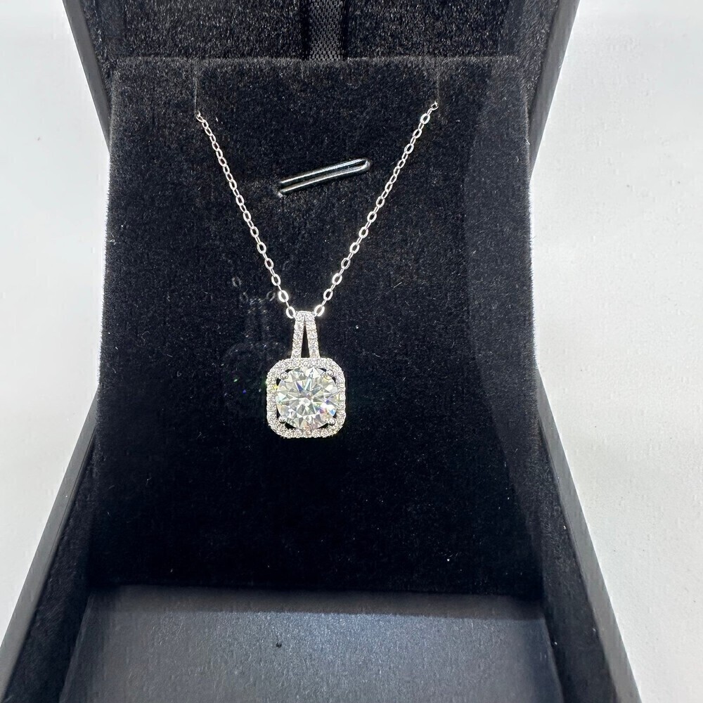 GRA Moissanite Diamond Necklace 2 Ct Pendant Chain Fine Jewelry Halo - Picture 6 of 12